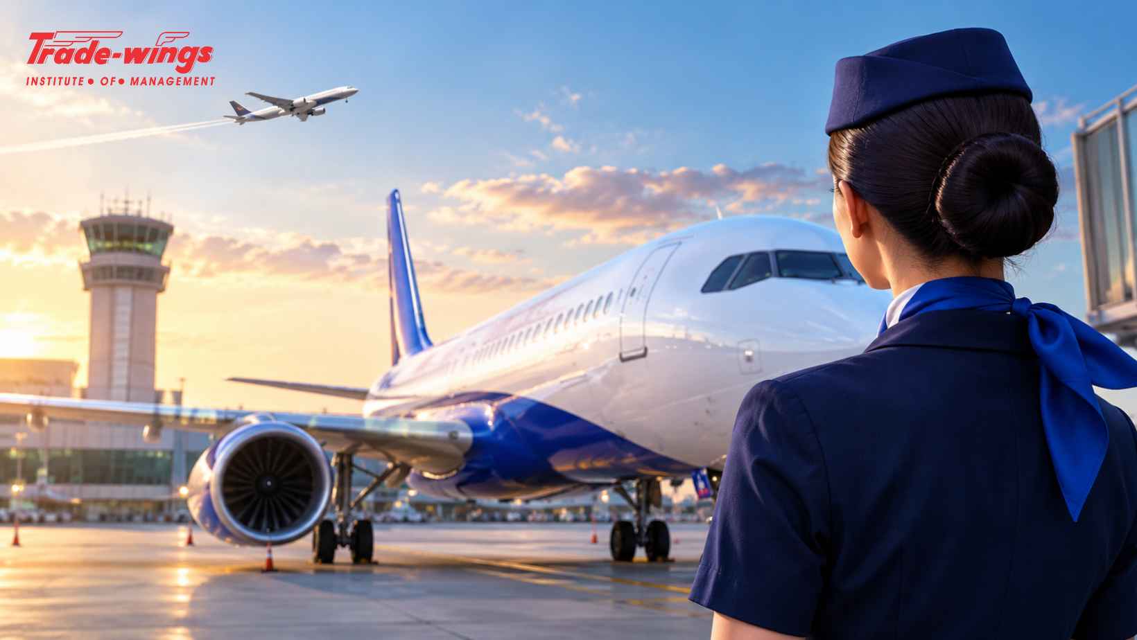 Cabin crew professional standing near an aircraft at an airport