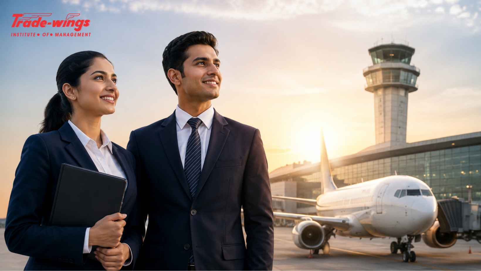 Young aviation professionals standing at an airport with a passenger aircraft and air traffic control tower in the background