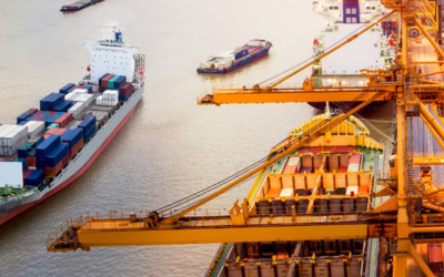Busy dockyard with cargo containers and freight operations for online shipping and freight forwarding courses